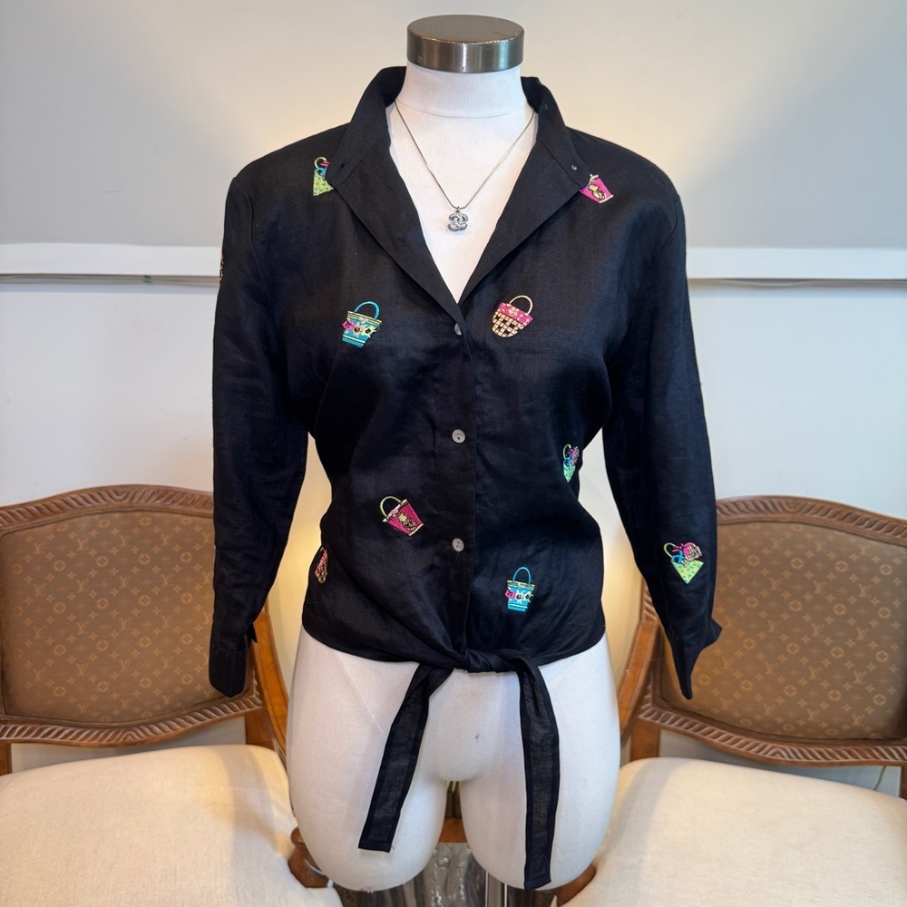 Vintage 90s Black 100% Irish Linen Tie Front Blouse Cropped Embroidered Purses - Picture 6 of 7